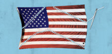 An illustration of the American flag having been sewn back together. The stitches are visible, and the needle still has thread in it.