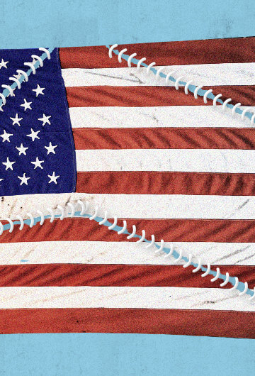 An illustration of the American flag having been sewn back together. The stitches are visible, and the needle still has thread in it.