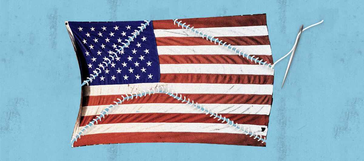 An illustration of the American flag having been sewn back together. The stitches are visible, and the needle still has thread in it.