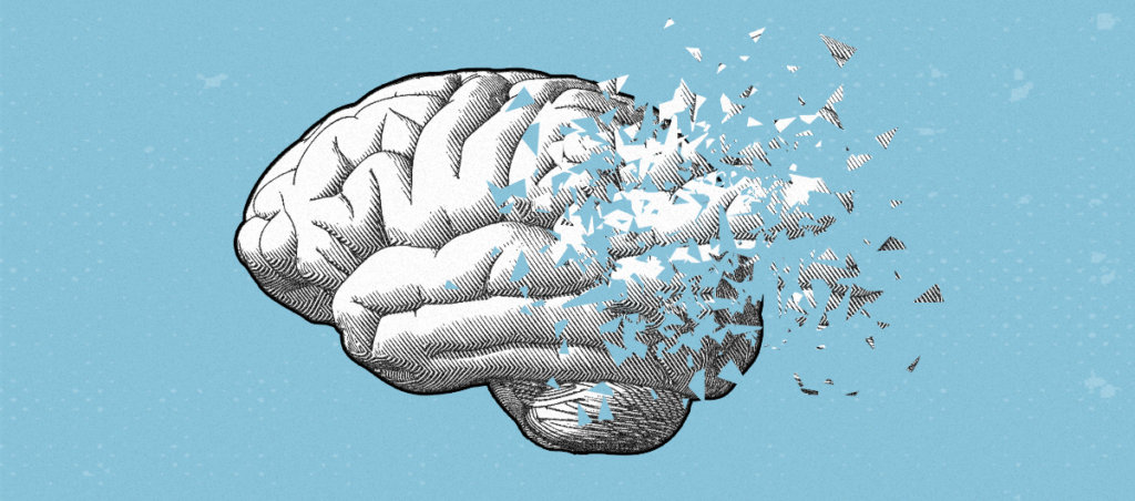An illustration of a brain and parts of the brain fading away on a blue background
