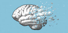 An illustration of a brain and parts of the brain fading away on a blue background