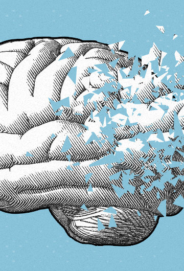 An illustration of a brain and parts of the brain fading away on a blue background