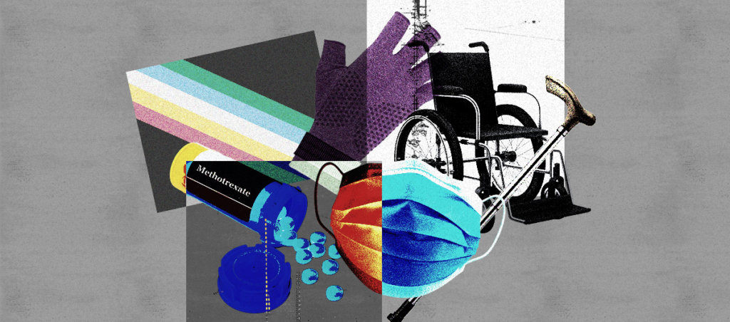 A collage of the disability pride flag, a pill bottle that says "methotrexate" on it, a mask, a compression glove, a cane, and a wheel chair