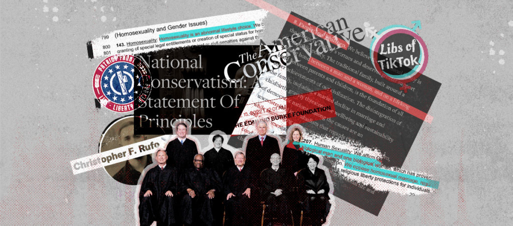 A collage of the current SCOTUS, symbol of the "Patriot Front," title of "National Conservatism: Statement of Principles," logo for "The American Conservative," the name "Christopher F. Rufos," and problematic definitions of homosexuality.