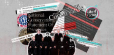 A collage of the current SCOTUS, symbol of the "Patriot Front," title of "National Conservatism: Statement of Principles," logo for "The American Conservative," the name "Christopher F. Rufos," and problematic definitions of homosexuality.