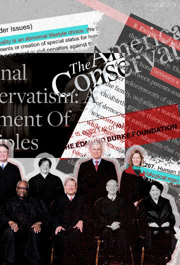 A collage of the current SCOTUS, symbol of the "Patriot Front," title of "National Conservatism: Statement of Principles," logo for "The American Conservative," the name "Christopher F. Rufos," and problematic definitions of homosexuality.