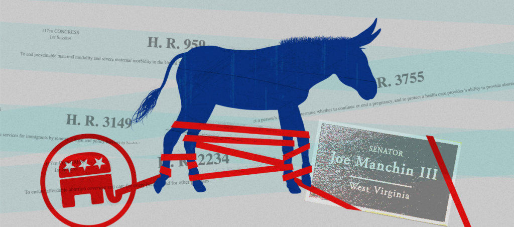 A collage of titles of bills, including HR 959, HR 3149 and HR 3755, a donkey that is blue wrapped up by red rope coping out of the red GOP symbol, and a plaque for Senate Joe Manchin II of West Virginia, which is also covered by rope.