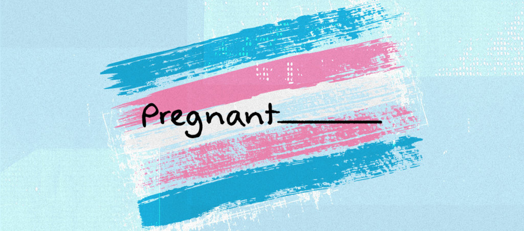 A collage of the trans visibility flag with the text "Pregnant" and then a line next to it, hinting that it's for filling in the blank.