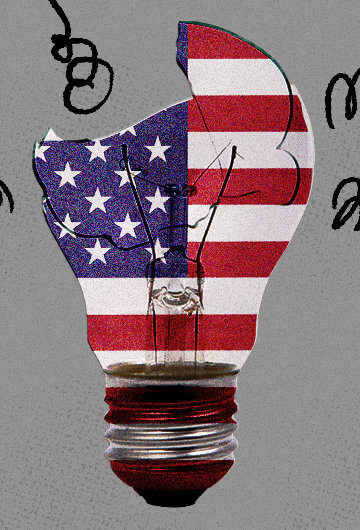 A broken lightbulb with the american flag superimposed on it. Around it are little squiggles for decoration. The background is grey.