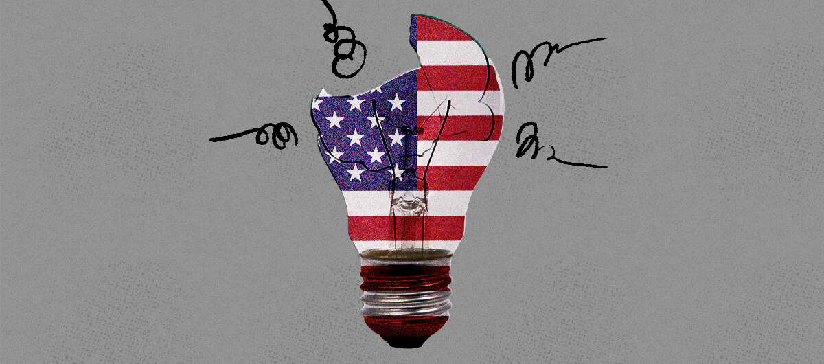 A broken lightbulb with the american flag superimposed on it. Around it are little squiggles for decoration. The background is grey.