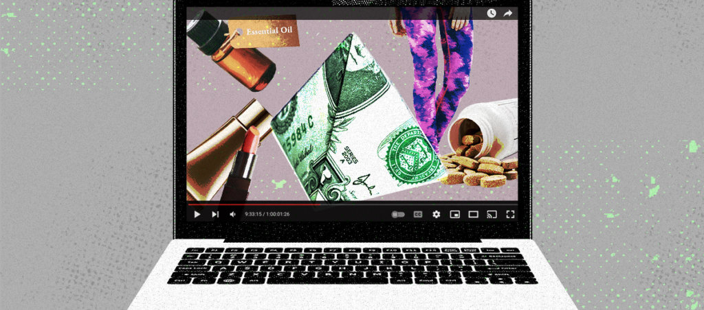 A collage of a laptop and within it is a YouTube video with MLM items in it.