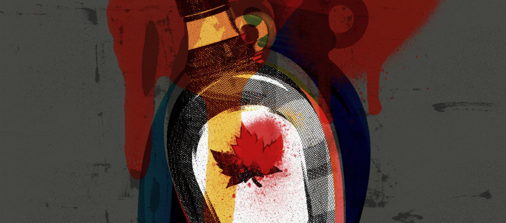 An illustration of a maple syrup bottle with a Canadian maple leaf in front with red paint in the background