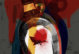 An illustration of a maple syrup bottle with a Canadian maple leaf in front with red paint in the background