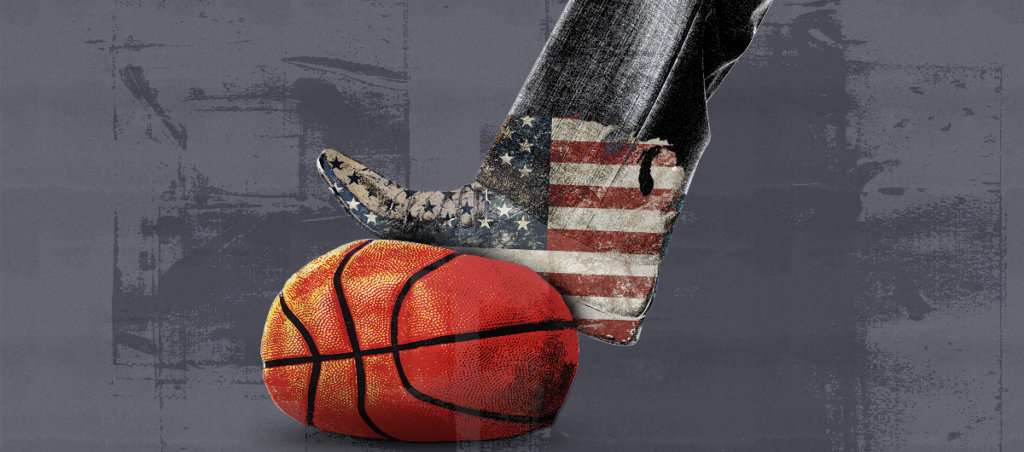 A boot with an American flag superimposed on it, stepping on a deflated basketball