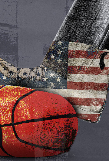 A boot with an American flag superimposed on it, stepping on a deflated basketball