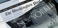A collage of the homepage of The Washington Post and a cover of The New Yorker