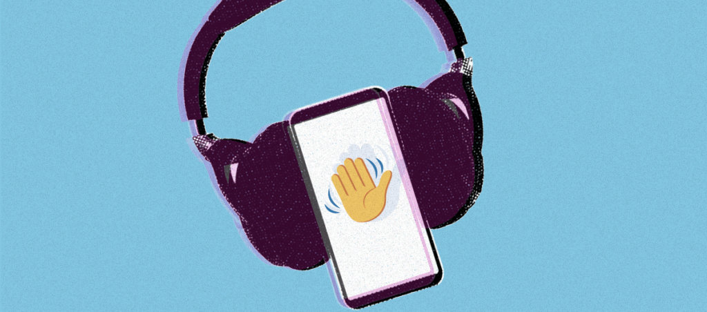 A collage of a headset and smart phone. On the smart phone's screen, there is an emoji of a waving hand.