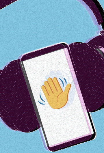 A collage of a headset and smart phone. On the smart phone's screen, there is an emoji of a waving hand.