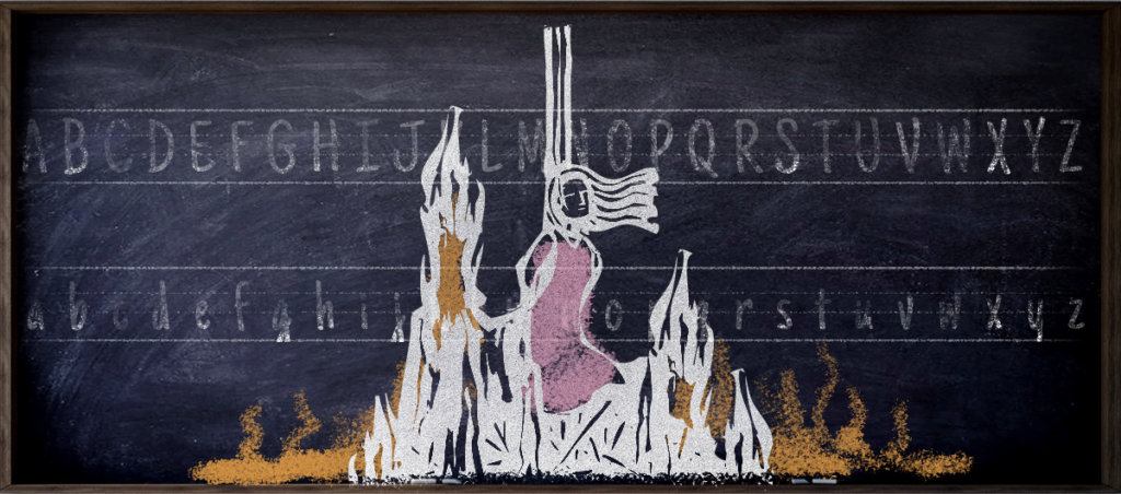 an illustration of a woman burned at stake on a classroom blackboard