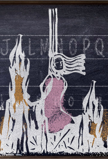 an illustration of a woman burned at stake on a classroom blackboard
