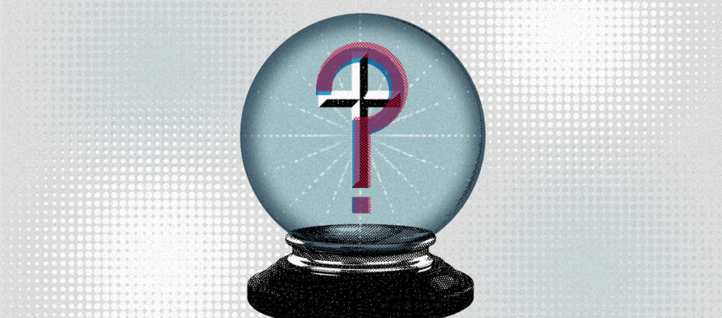 A crystal ball with a Cross inside it, and over the cross is a question mark