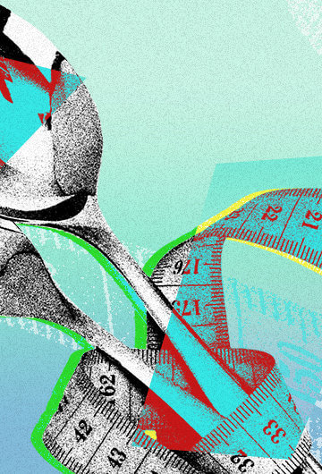 A fork and spoon, with a tape measure wrapped around them so as to convey someone measuring their waistline during a diet.