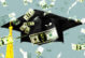 an isolated graduation cap with dollar bills floating around it