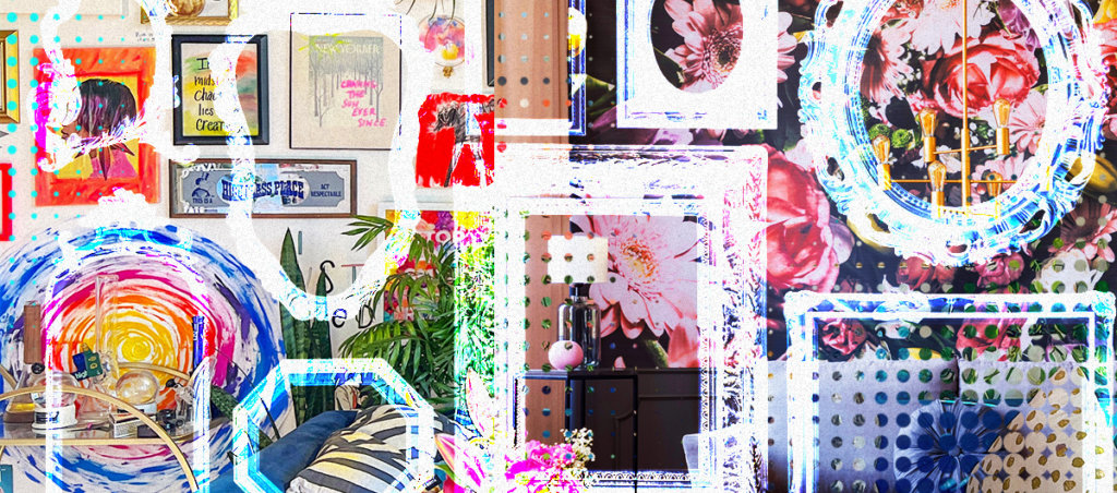 a colorful collage of images associated with the trend of maximalism that includes a living room with a gallery wall of photos, plants, knick knacks
