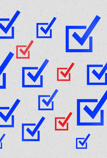 blue and red checkmarks, indicating voting. the checkmarks are flanked by donkeys, indicating democrats