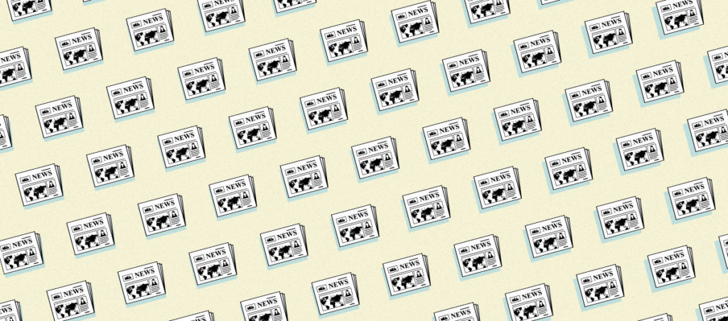 a repeating pattern of an illustration of a newspaper on a yellow background
