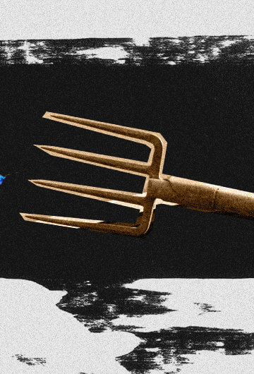 A man's arm holding a pitchfork in the direction of a trans flag.