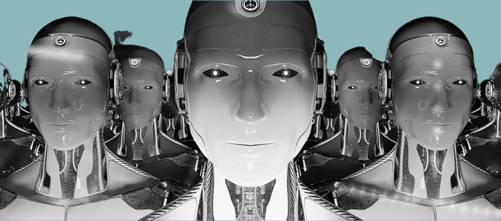 An image of several human looking robots. the background color is pale blue
