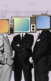 An image of 3 men in suits standing close to each other. Their heads are covered by televisions.
