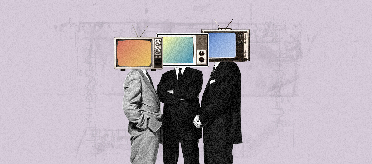 An image of 3 men in suits standing close to each other. Their heads are covered by televisions.