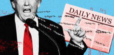 An image of former president Donald Trump wearing his signature red tie. His mouth is open as if yelling. jibberish is coming out of his mouth and floating onto newspaper