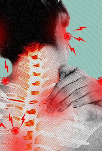 View of a woman from the back. Across her head, shoulder and back, there are red bolts indicating painful spots.