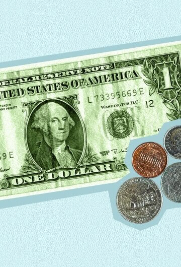 An image of a dollar bill with some coins next to it.
