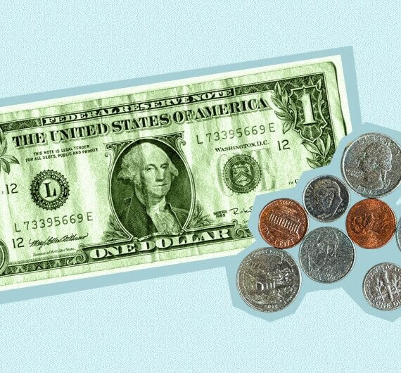 An image of a dollar bill with some coins next to it.