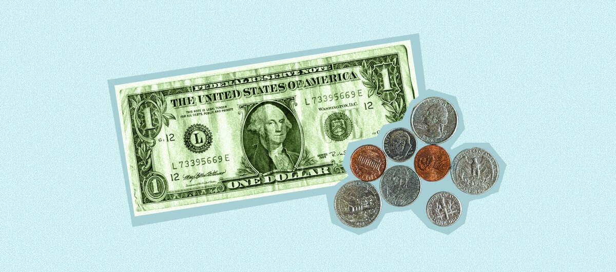 An image of a dollar bill with some coins next to it.